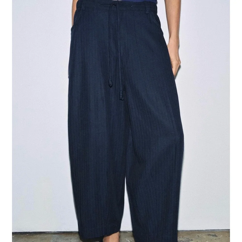 NWT Zara Woman ZW Collection Herringbone Textured Wide Leg Pants Navy Blue